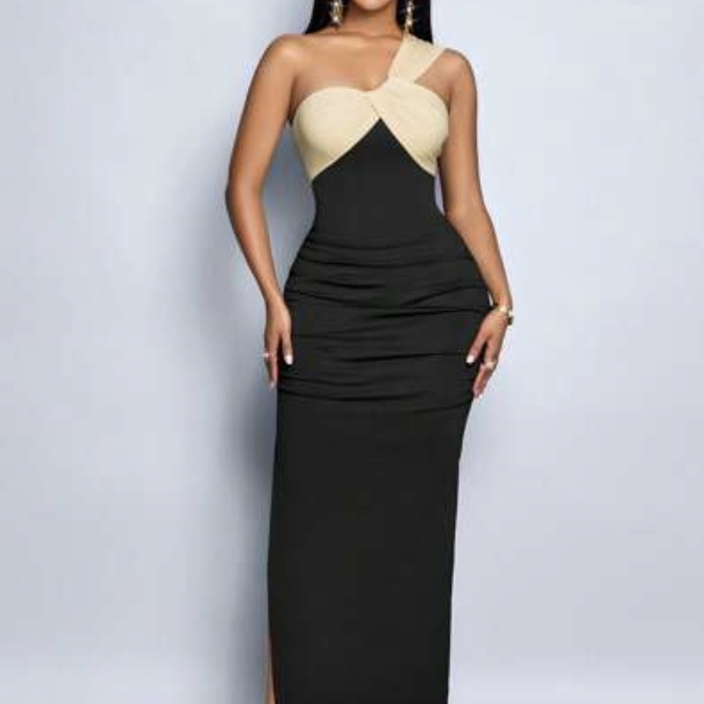 SHEIN Black and Cream One-Shoulder Bodycon Maxi Dress